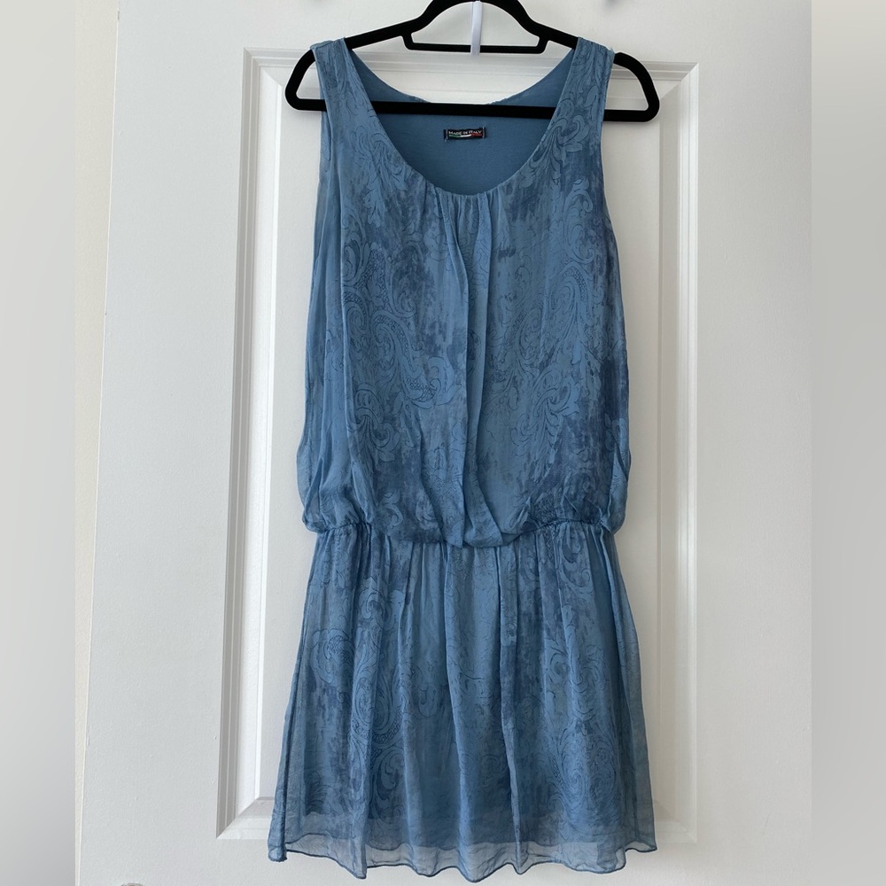 Made in Italy Silk lined tunic dress Sz M/L blue with paisley print